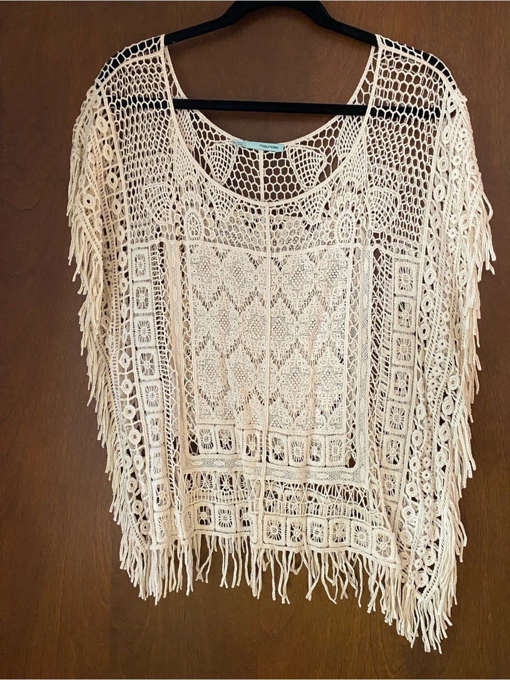 Women's Cotton Crochet Fringe Poncho Top - Cream